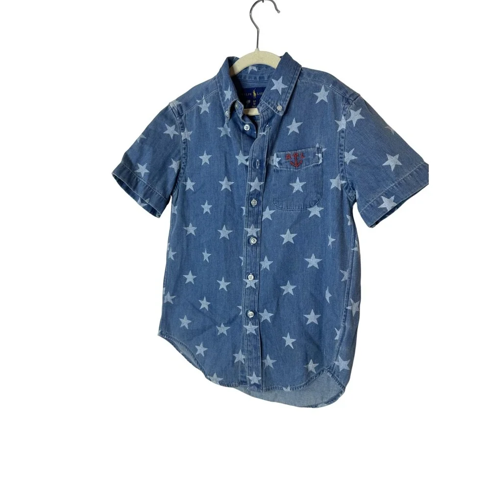 Ralph Lauren Shirt Boys 8 Blue Star Print Short Sleeve Chambray Anchor Logo‎